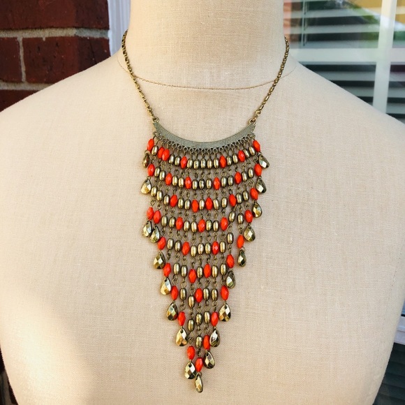 Statement Gold tone & Orange Bib Necklace - Picture 1 of 7